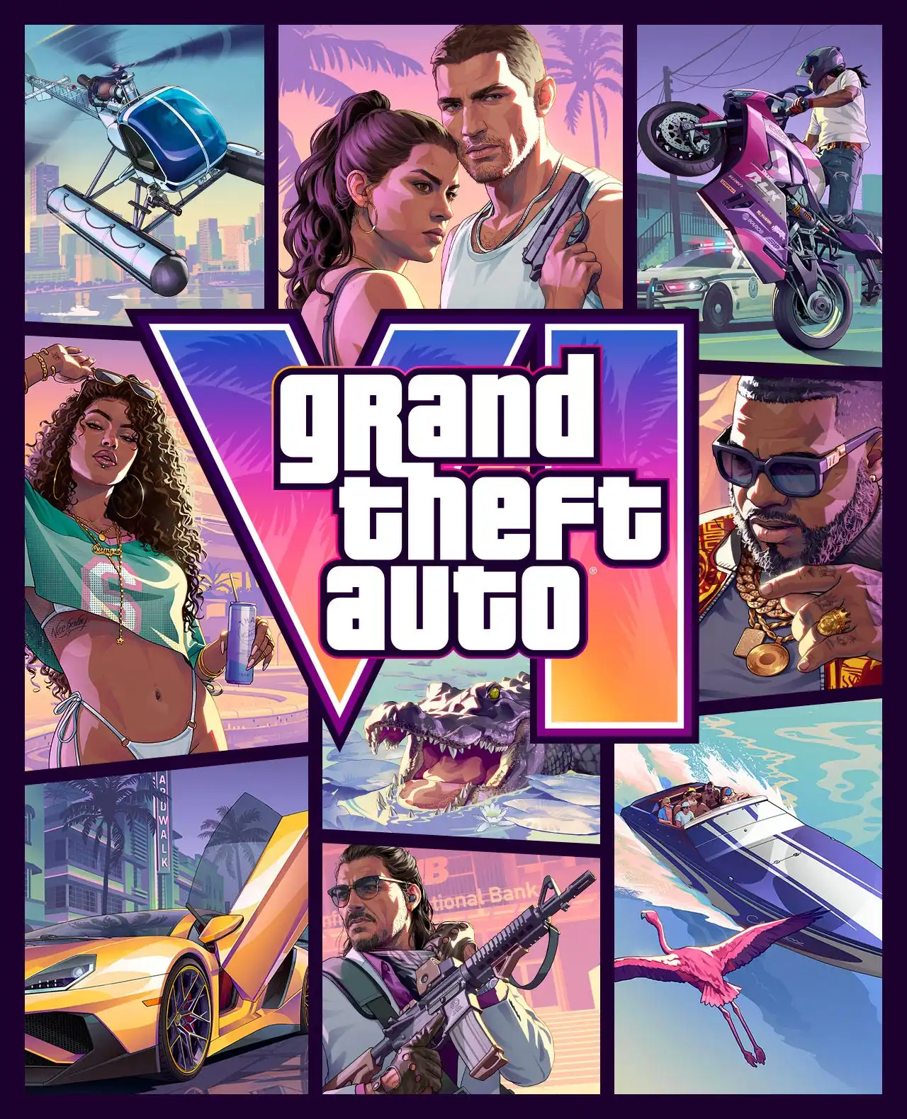 Assemblage de multiples artworks de GTA 6 avec le logo du jeu au centre, affin d'en faire la jaquette / image de couverture officielle de Grand Theft Auto VI.