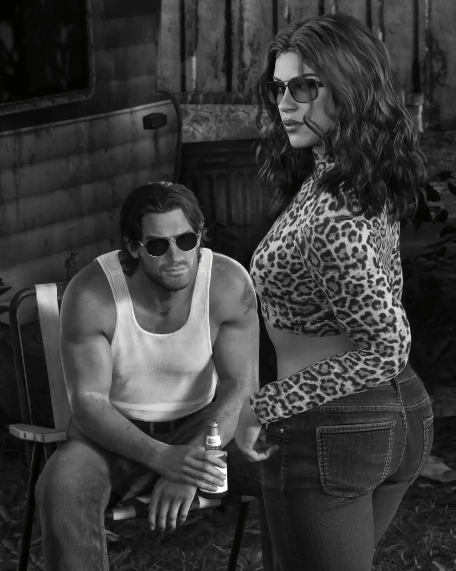 Photo en noir et blanc du couple Lucia et Jason dans GTA VI. Elle, est habillé d'un haut léopard, tandis que lui est assis, la regardant en portant sur son torse en Marcel.