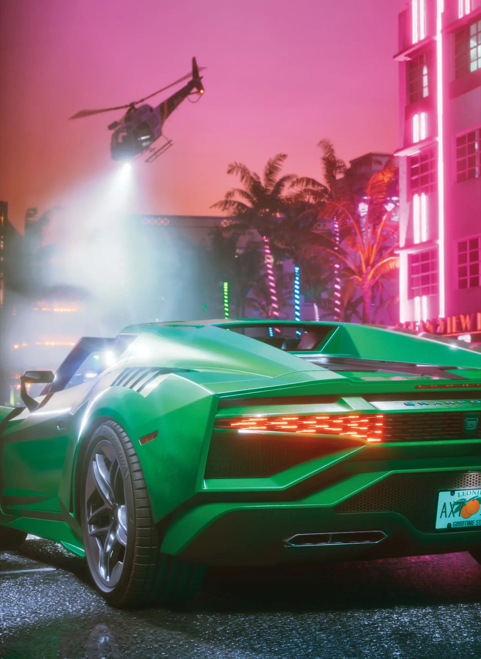 Image de l'arrière de la voiture italienne GranForma Zoruzzo peinte en verte dans le jeu GTA VI. Le ciel est rose avec un hélicoptère de police qui survole le véhicule, tout en l'éclairant avec son projecteur.