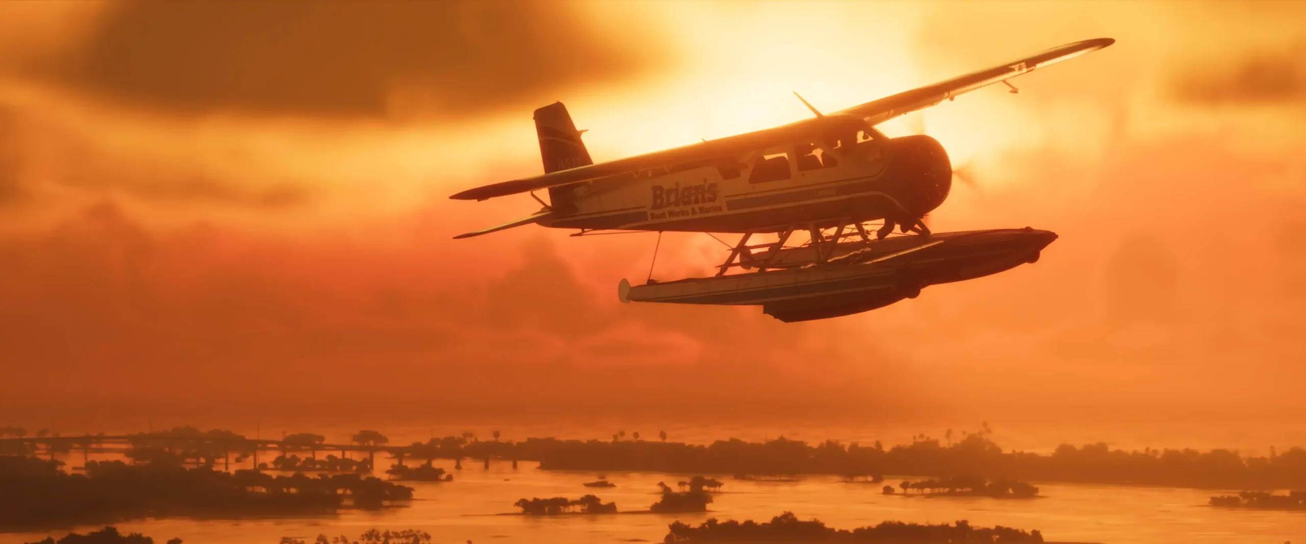 Image de l'avion de la compagnie de Brian Heder dans le ciel de Leonida, sous un couché de soleil.