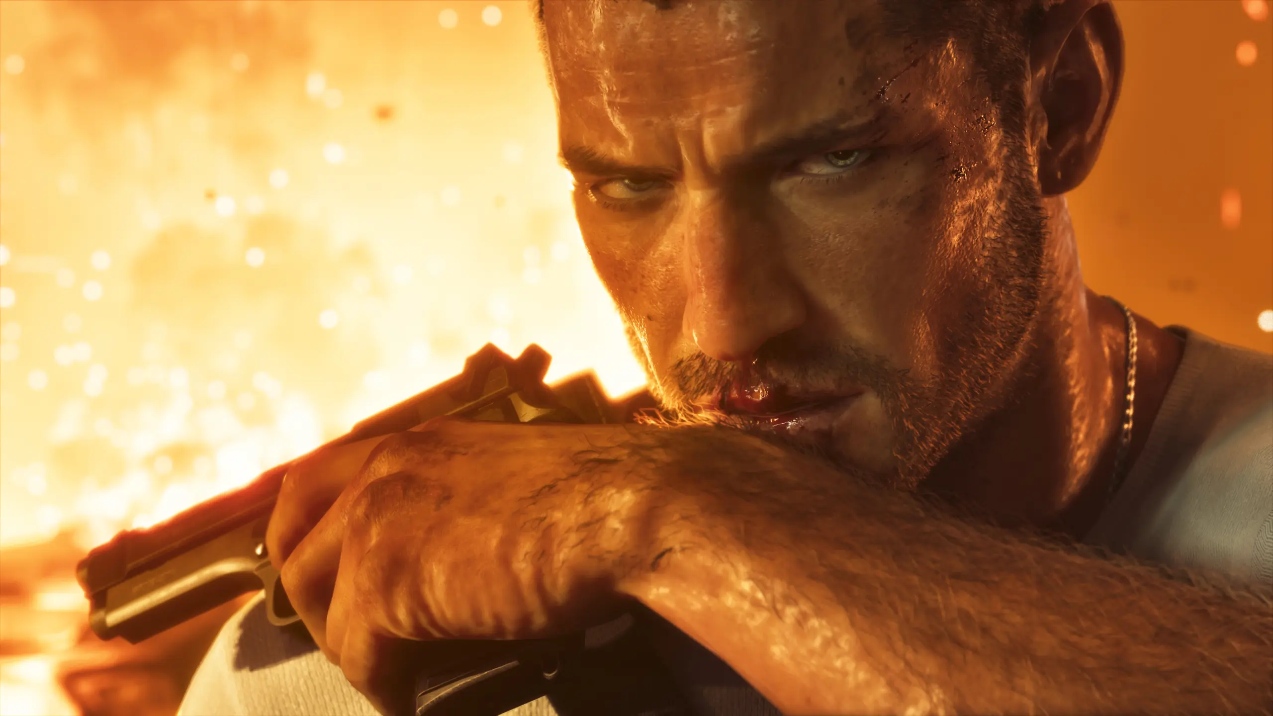Jason Duval nettoyant son nez dans le même style que Max Payne sur la jaquette de Max Payne 3