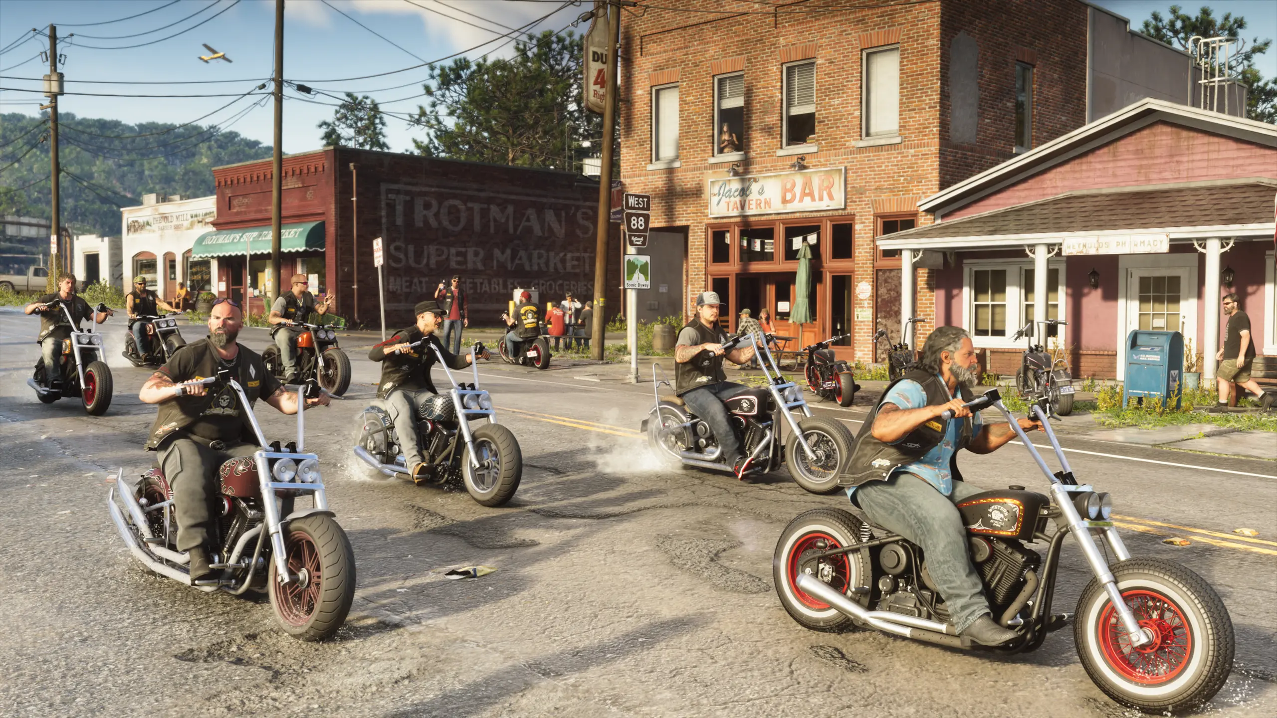 Gang de motards circulant à moto dans une petite ville de GTA VI.