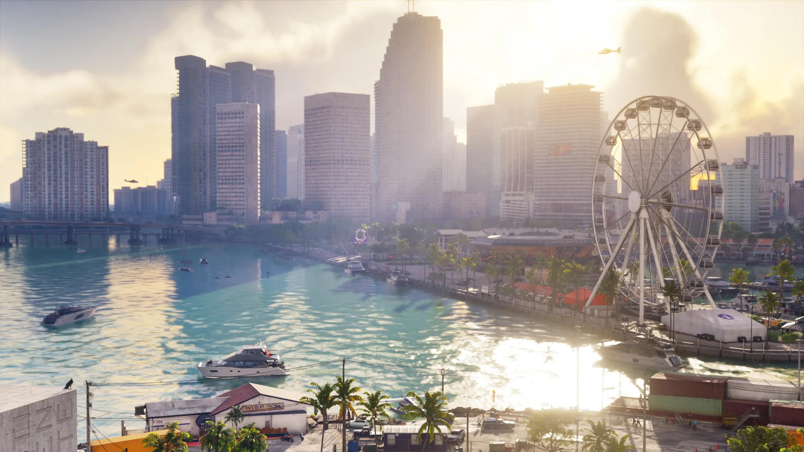 Ville de vice city etde sa grande roue sous un levé de soleil.