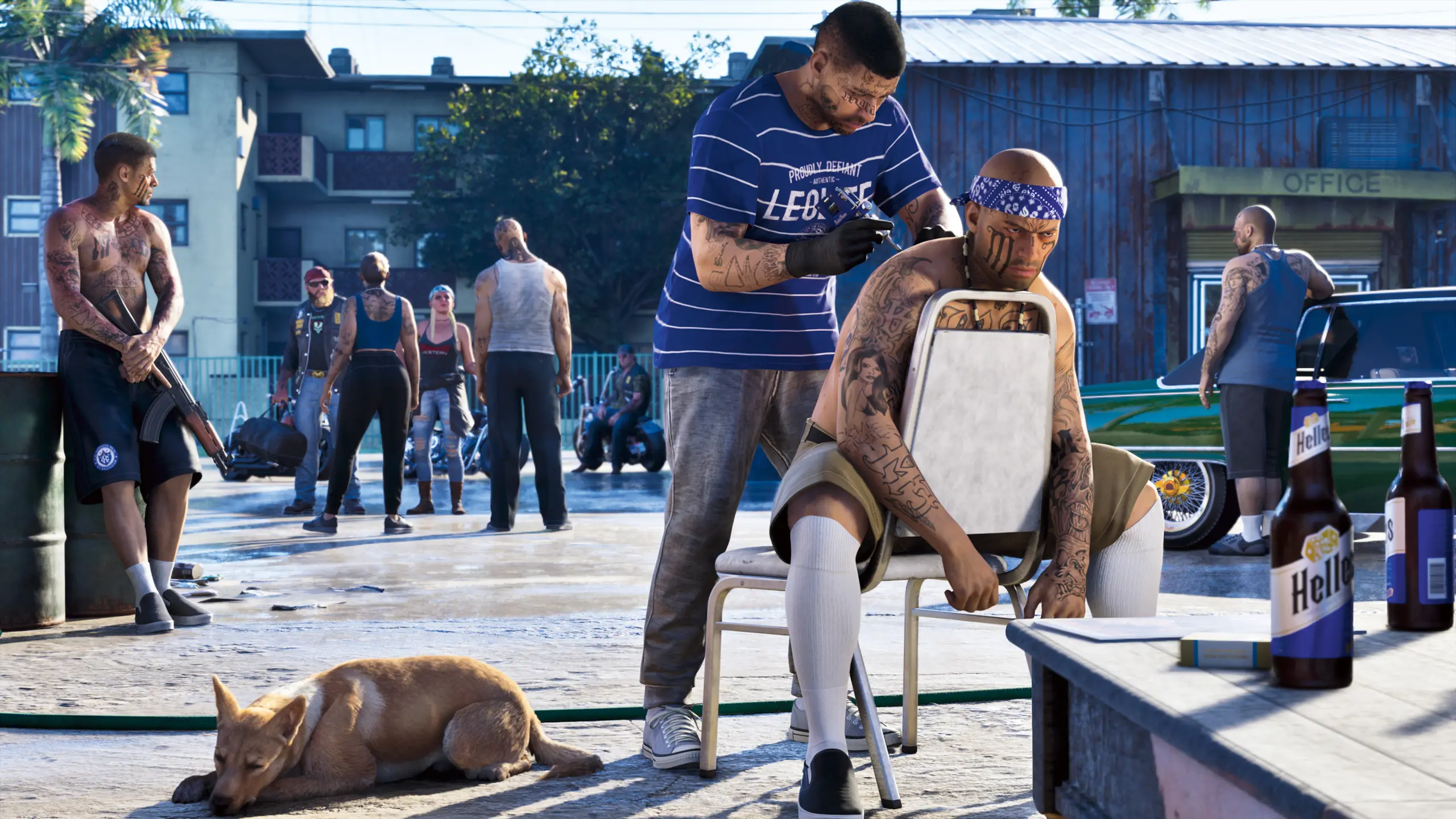 Un PNJ se faisant tatouer à un rassemblement.