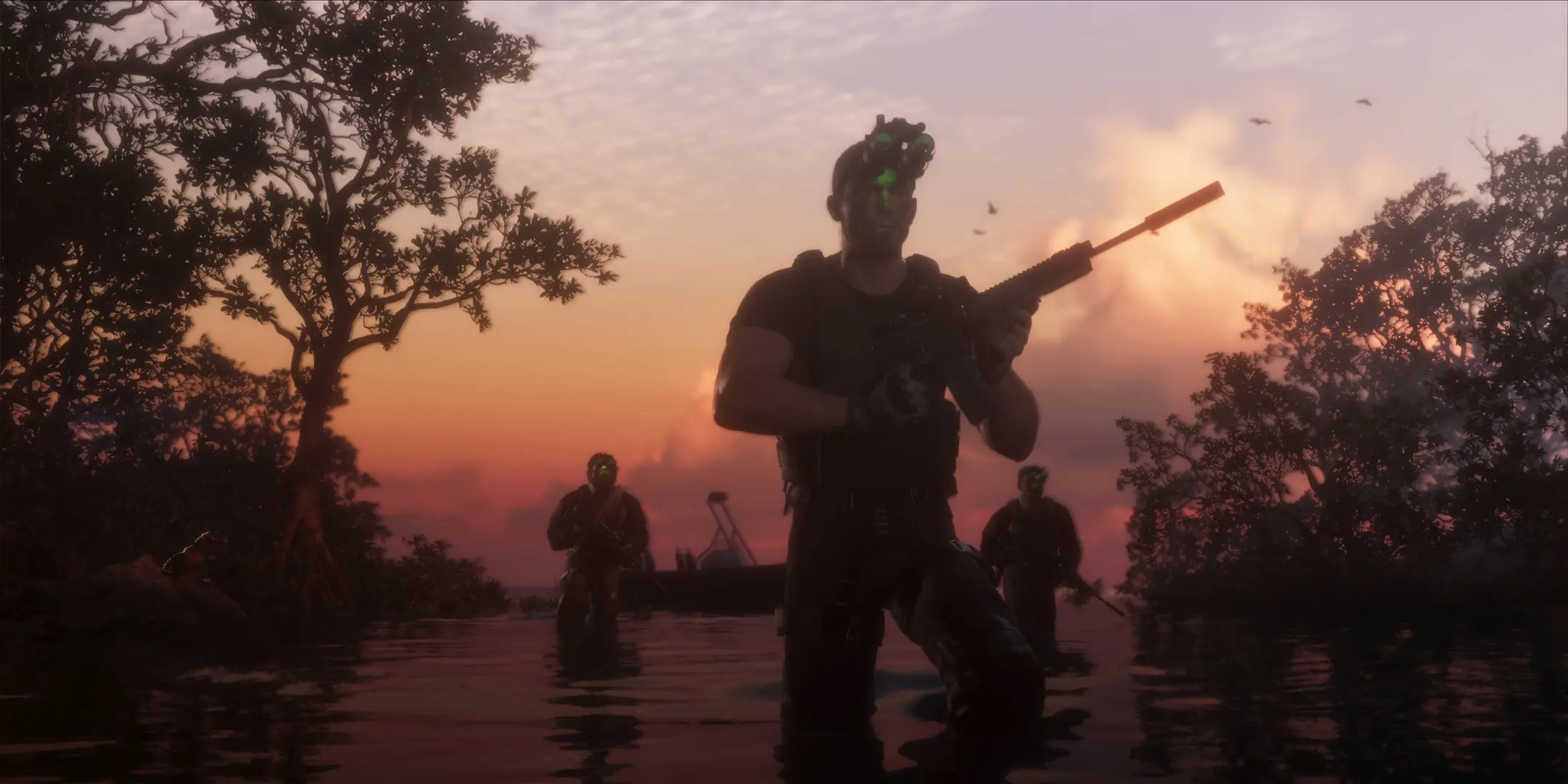 Jason Duval en tenue de commando avec d'autres militaires, s'infiltrant discrètement avec des lunettes thermiques dans un marquage.