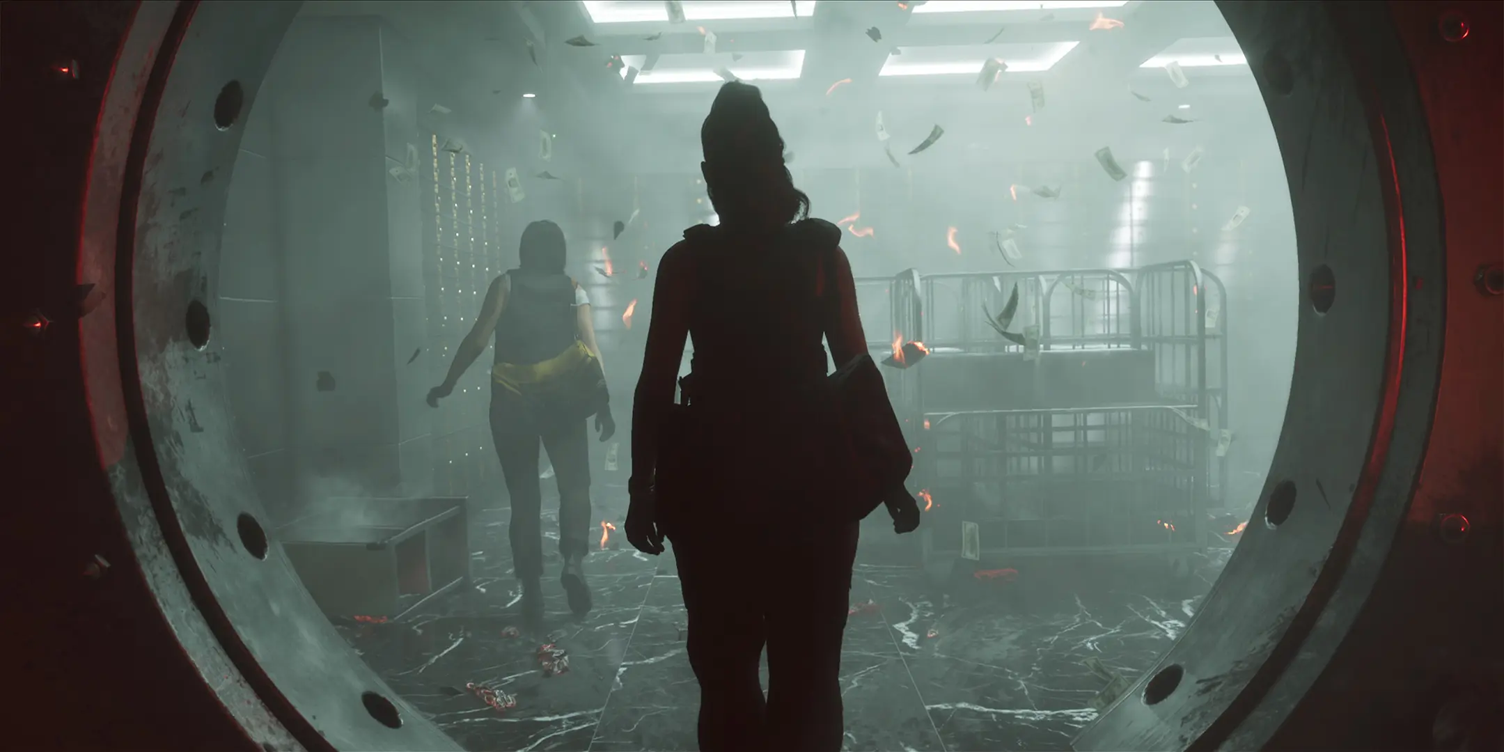 Lucia Caninos entrant dans une chambre-forte d'une banque, avec des billets en feu vivotant.