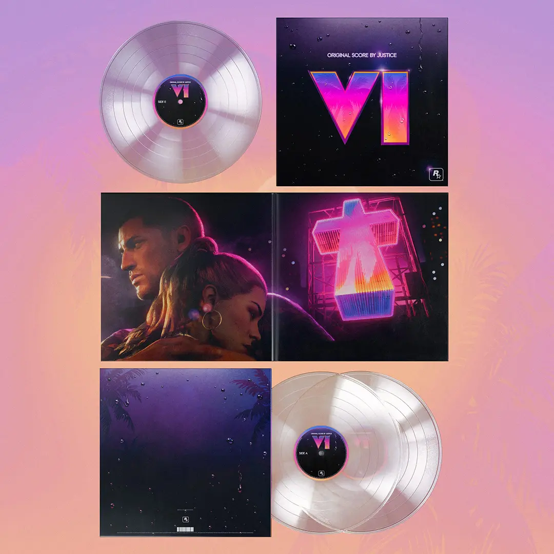 Vue exposée du contenu présent dans l'édition limitée triple vinyle transparent de l'album "Grand Theft Auto VI : Original Score"