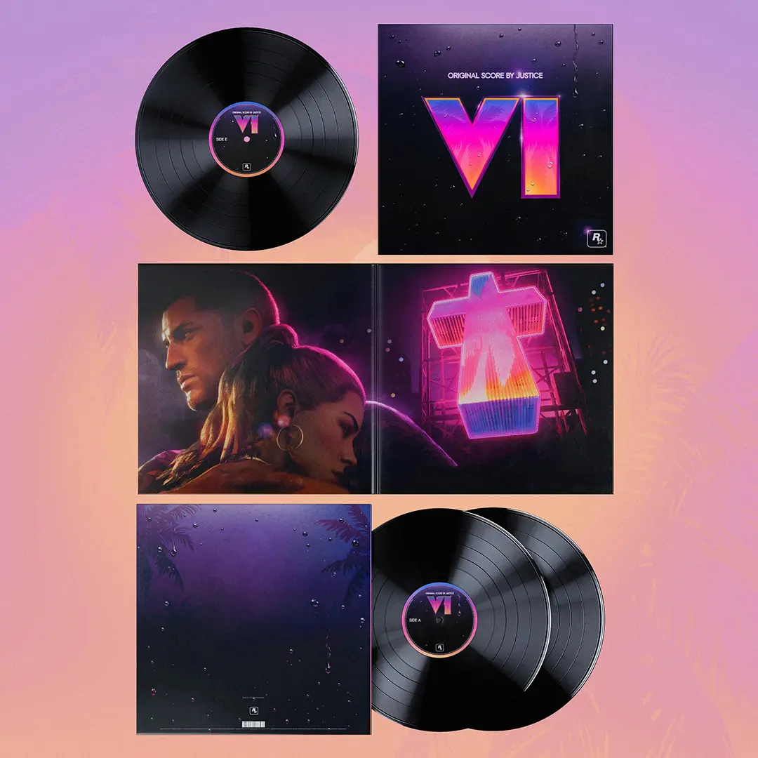 Vue dévoilant le contenu de l'édition standard triple vinyle noire de l'album "Grand Theft Auto VI : Original Score"