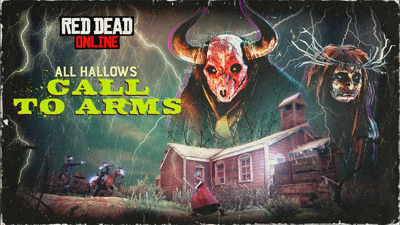 image officiel du mode de jeu "Appel aux armes - Halloween" où deux monstres apparaissent avec le logo du mode de jeu de Red Dead Online.