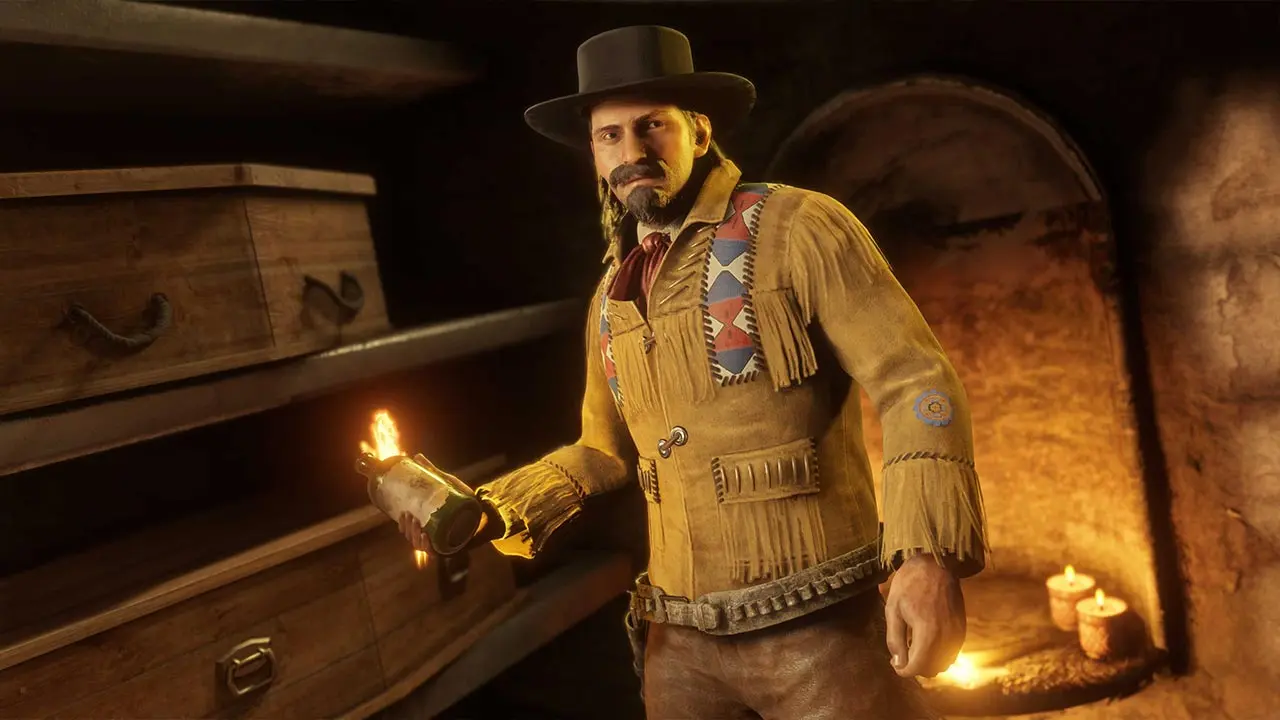Un joueur de Red Dead Online, portant sur lui la tenue Rowberrow qui se trouve être l'une des récompenses des avantages d'octobre 2026.
