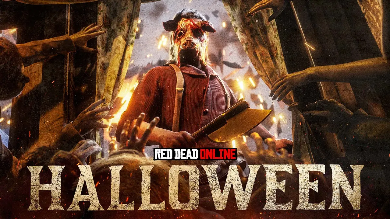 Joueur de Red Dead Online avec un masque d'Halloween, avec le logo du jeu et celui d'Halloween en référence à des bonus liés aux festivités d'octobre.