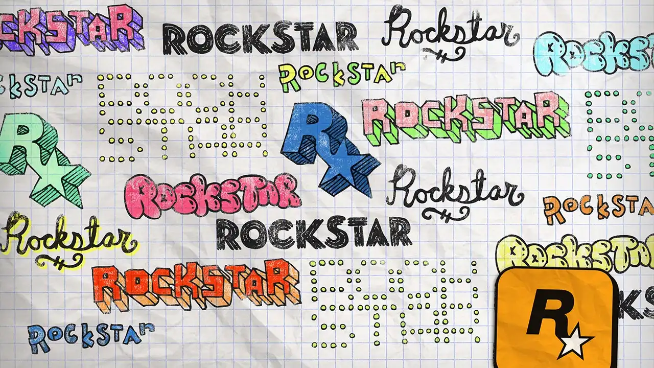 Illustration du studio Rockstar Games, représentée sous la forme d'une feuille de papier qui comporte de nombreux gribouillages "Rockstar", ainsi que son logo standard sous fond jaune.